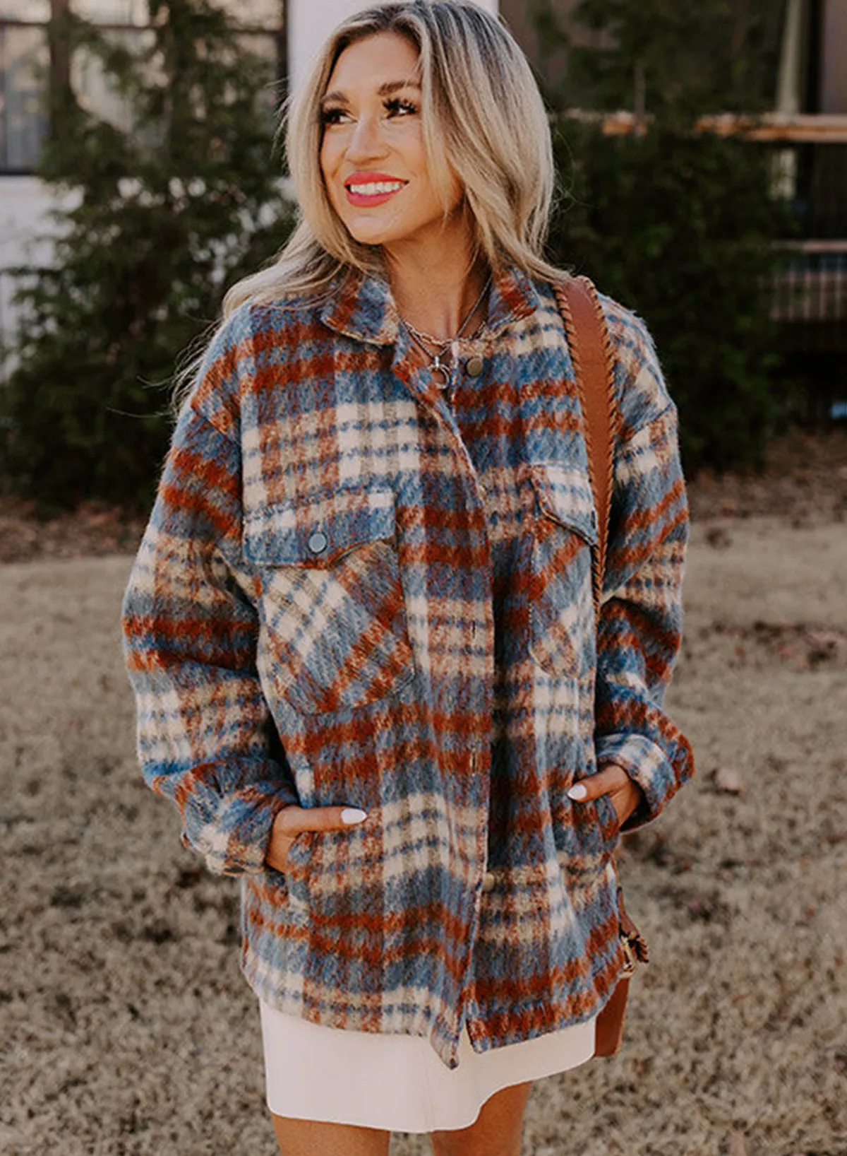 Cinnamon Plaid Print Chest Pockets Turn Down Collar Shacket sold by Beagle Boutique product image thumbnail 5