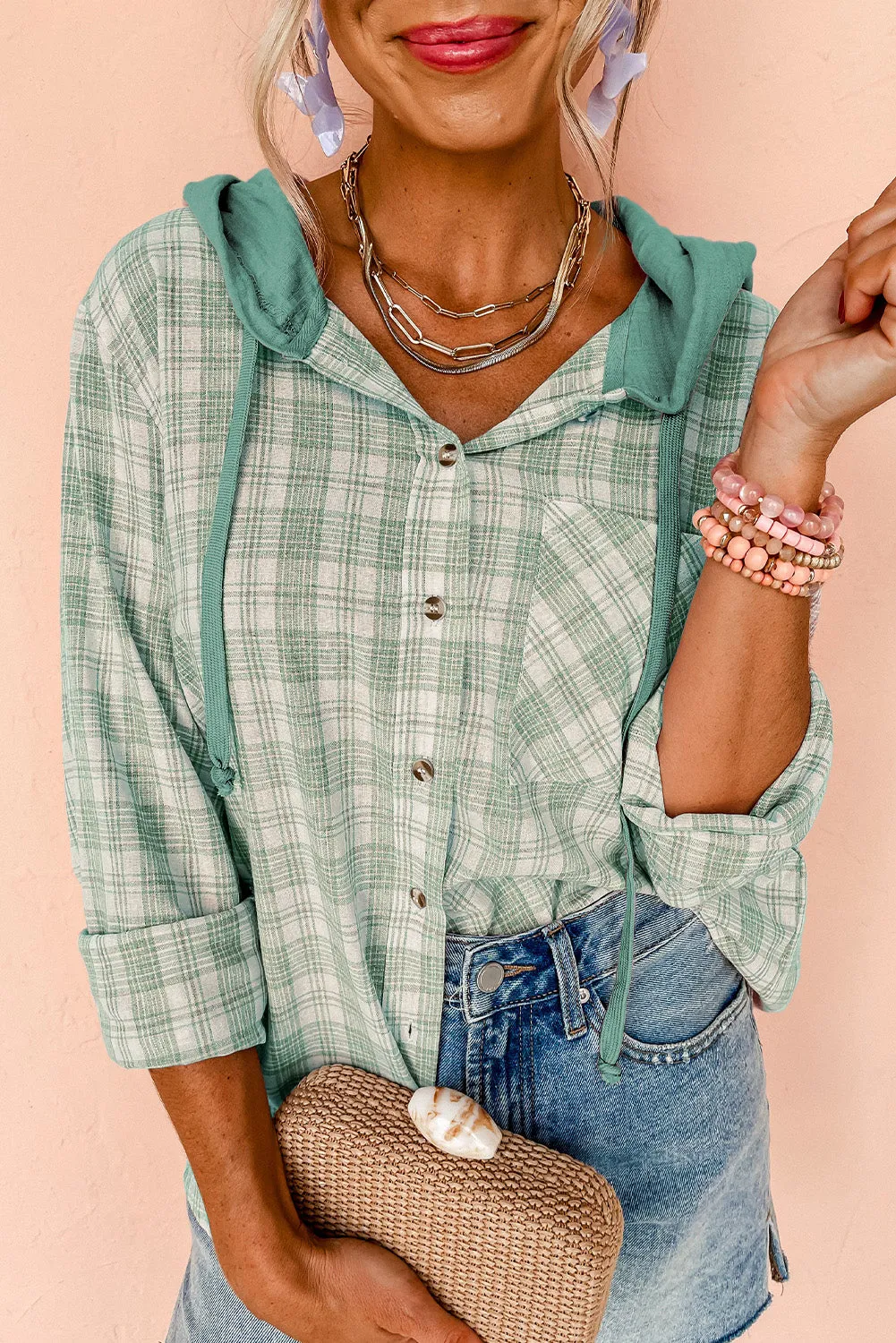 Green Checkered Print Loose Fit Buttoned Hooded Shacket sold by Beagle Boutique