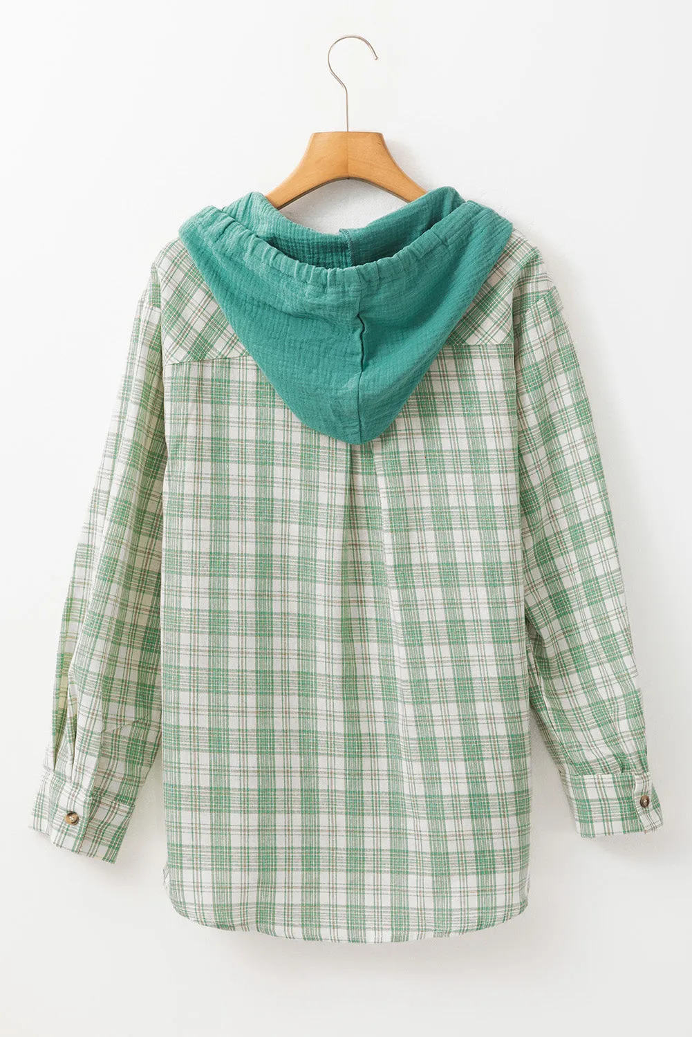 Green Checkered Print Loose Fit Buttoned Hooded Shacket sold by Beagle Boutique product image thumbnail 5