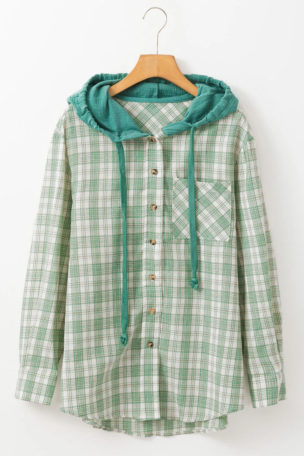 Green Checkered Print Loose Fit Buttoned Hooded Shacket sold by Beagle Boutique product image thumbnail 4