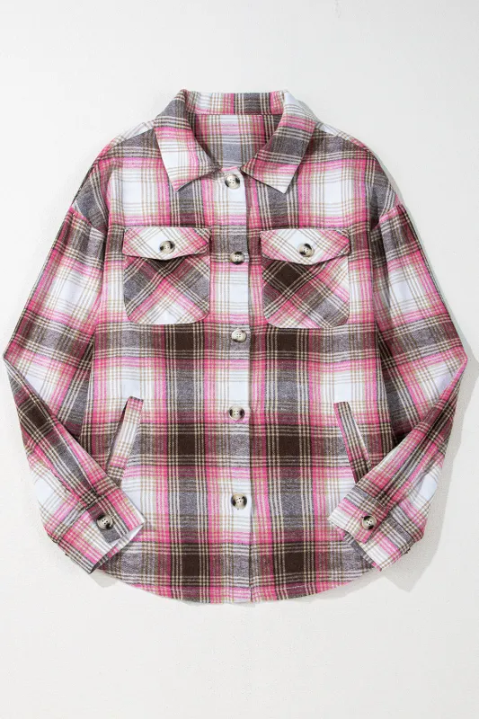 Pink Plaid Flap Pocket Button Up Shacket sold by Beagle Boutique