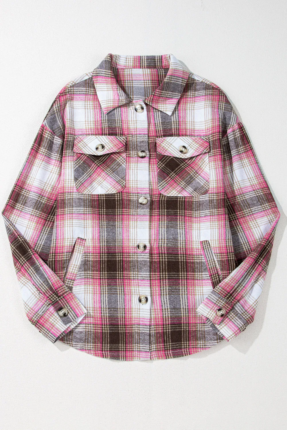 Pink Plaid Flap Pocket Button Up Shacket sold by Beagle Boutique