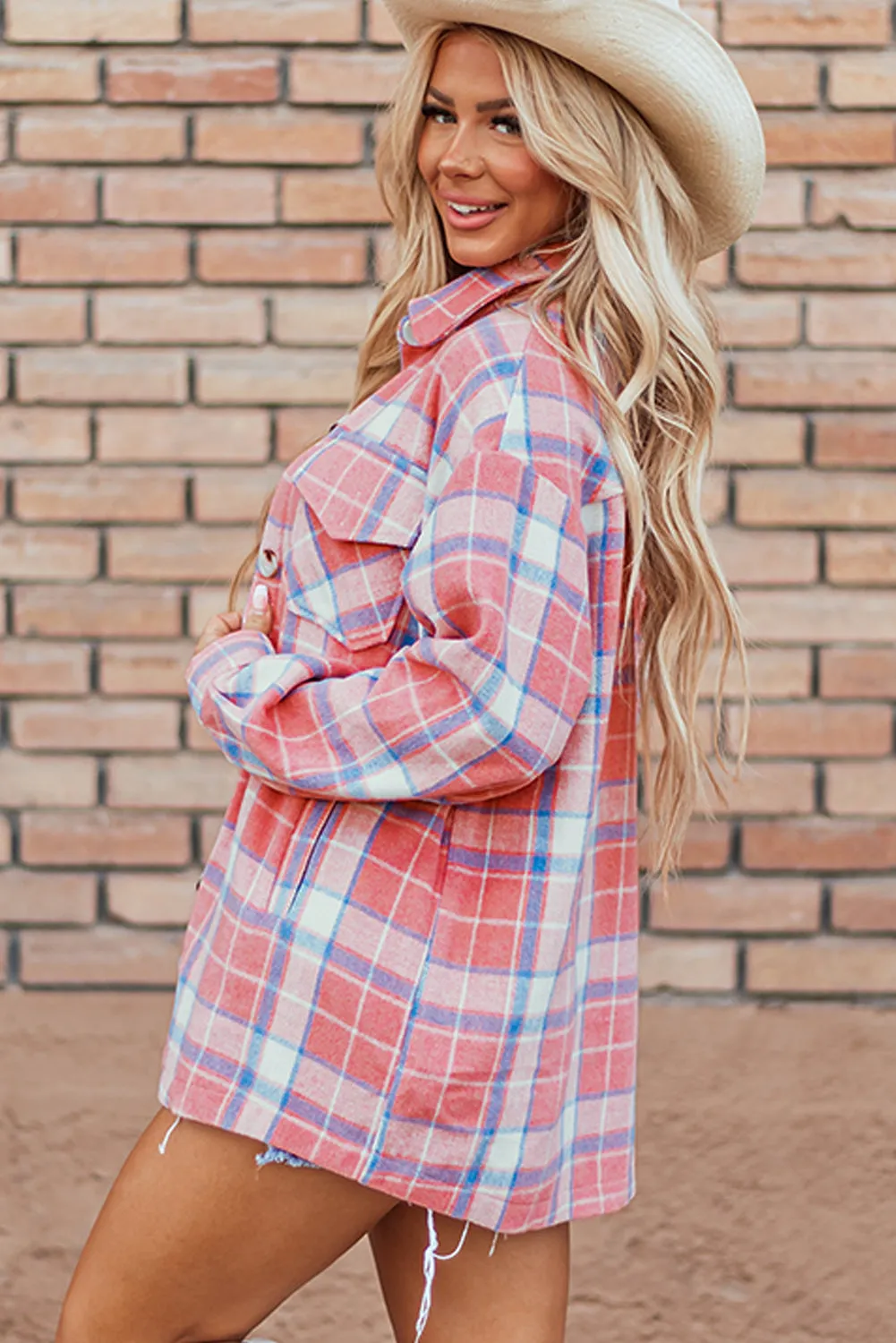Pink Plaid Flap Pocket Button Up Shacket sold by Beagle Boutique product image thumbnail 3