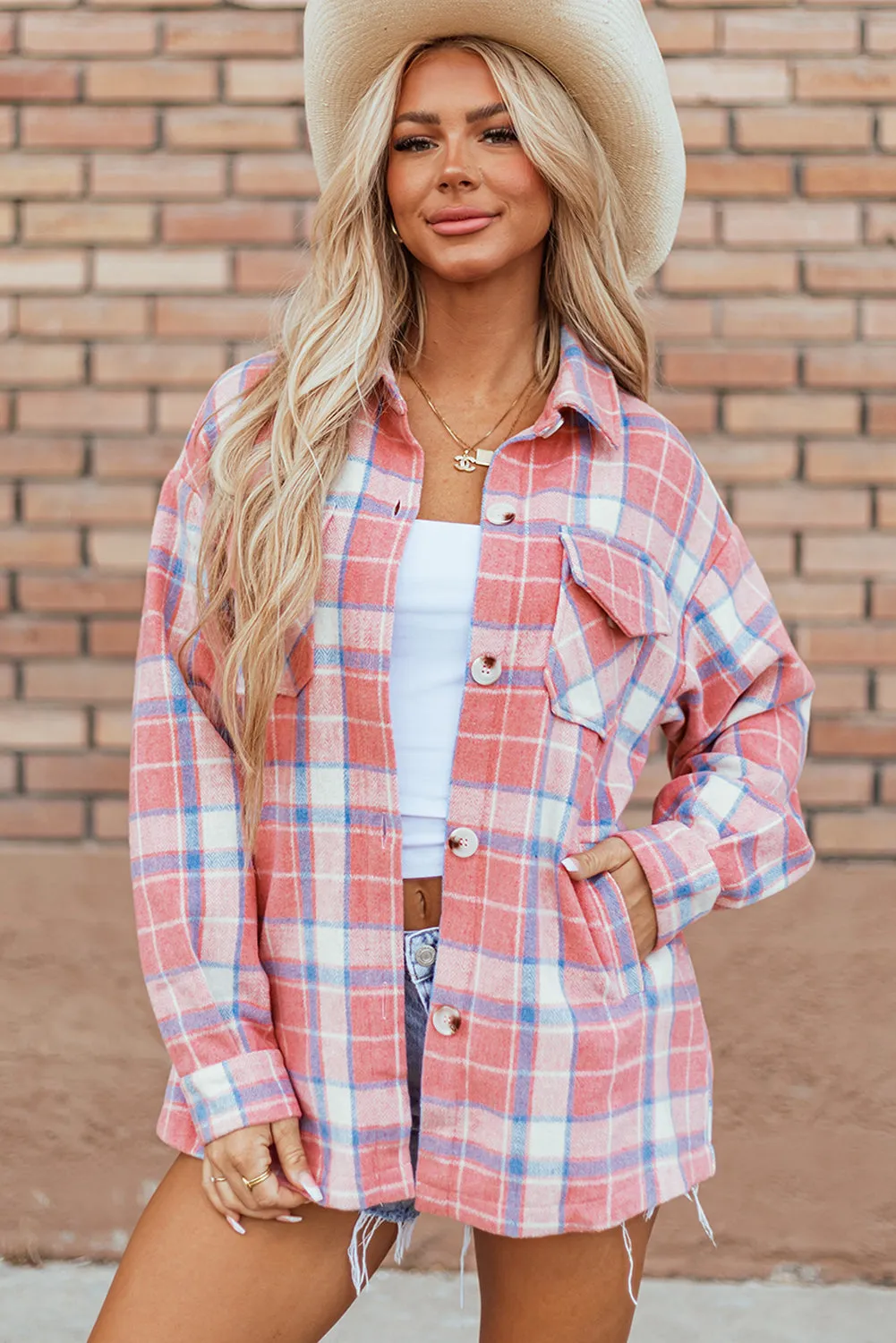 Pink Plaid Flap Pocket Button Up Shacket sold by Beagle Boutique product image thumbnail 4