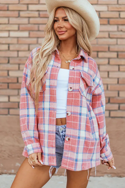Pink Plaid Flap Pocket Button Up Shacket sold by Beagle Boutique