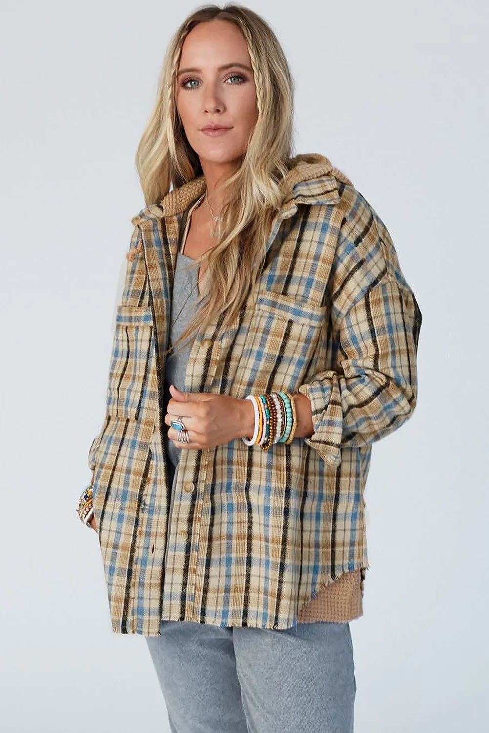 Ashleigh Blue Waffle Knit Patchwork Hooded Plaid Shacket sold by Beagle Boutique product image thumbnail 4