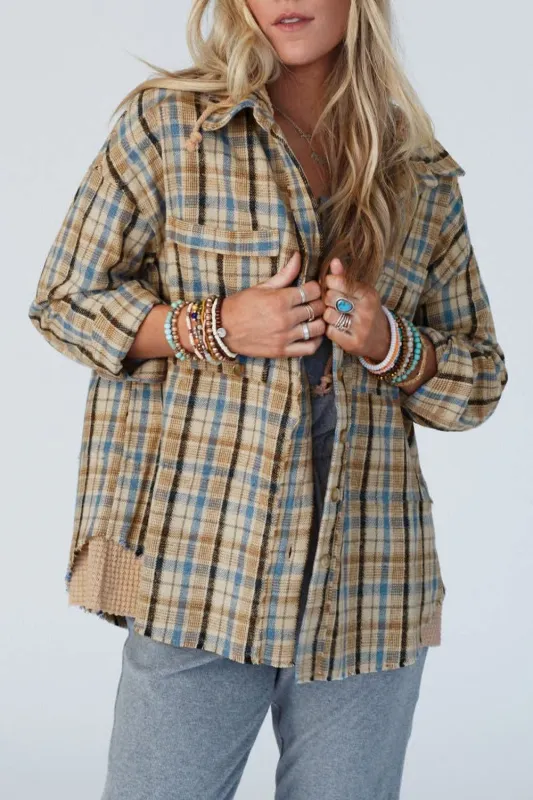 Ashleigh Blue Waffle Knit Patchwork Hooded Plaid Shacket sold by Beagle Boutique