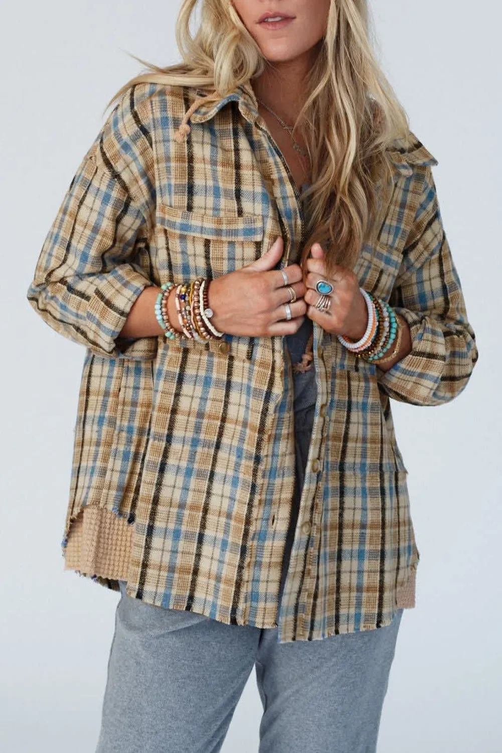 Ashleigh Blue Waffle Knit Patchwork Hooded Plaid Shacket sold by Beagle Boutique