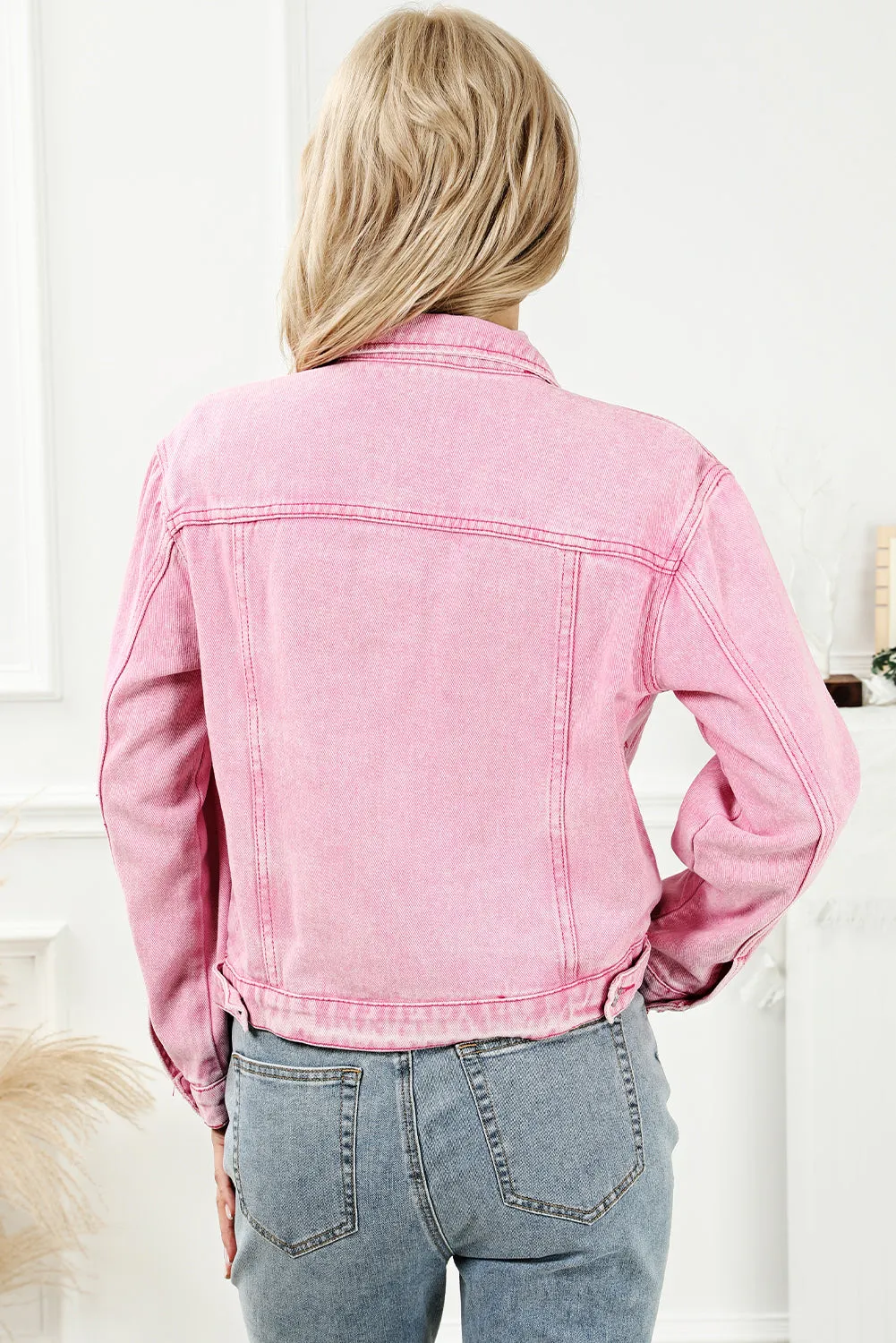 Pink Acid Wash Button Flap Pocket Denim Jacket sold by Beagle Boutique product image thumbnail 2