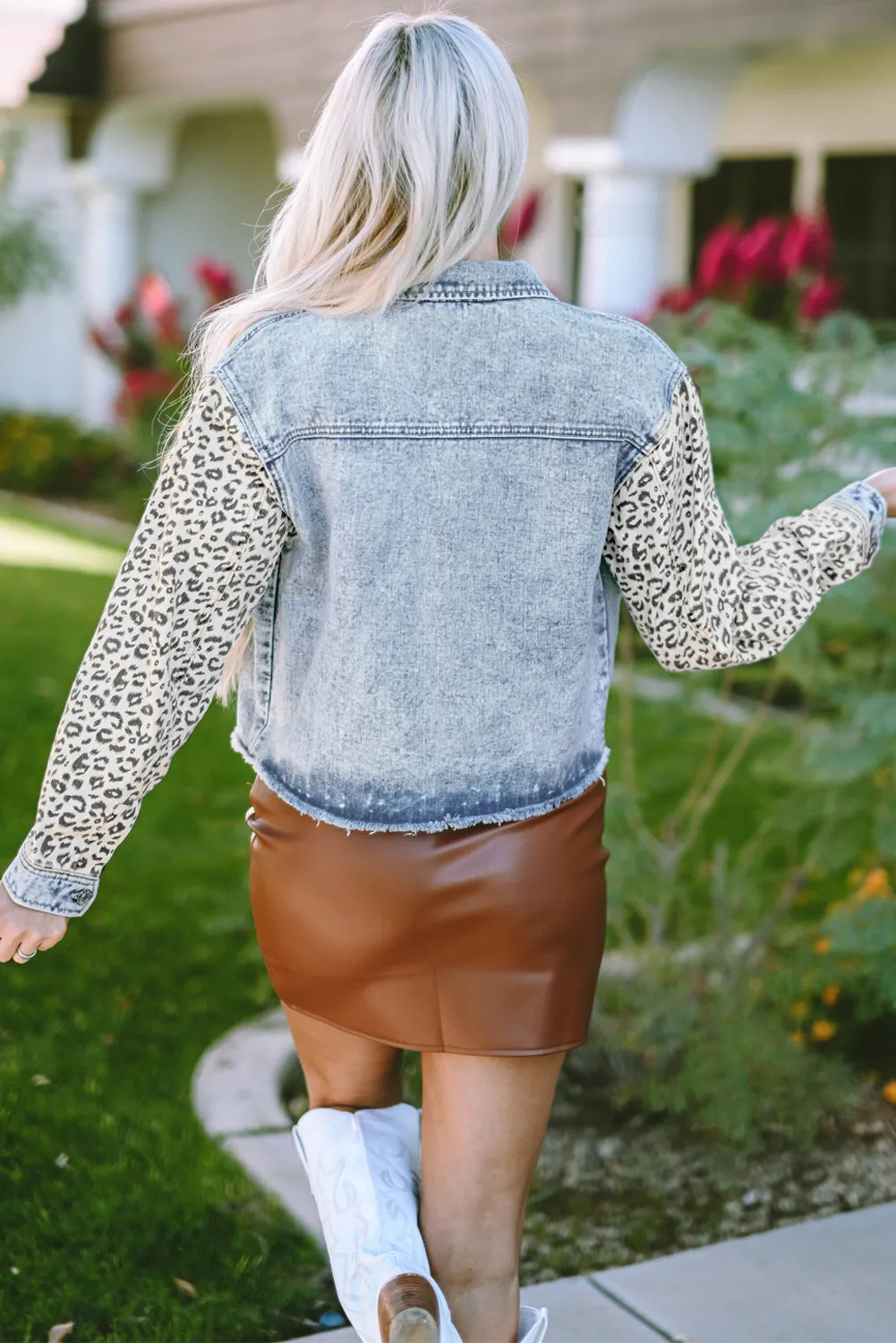 Sky Blue Leopard Patchwork Washed Distressed Denim Jacket sold by Beagle Boutique product image thumbnail 2