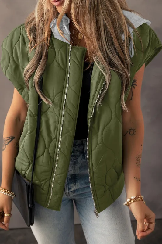 Jungle Green Quilted Drawstring Hooded Zip Up Puffer Vest sold by Beagle Boutique