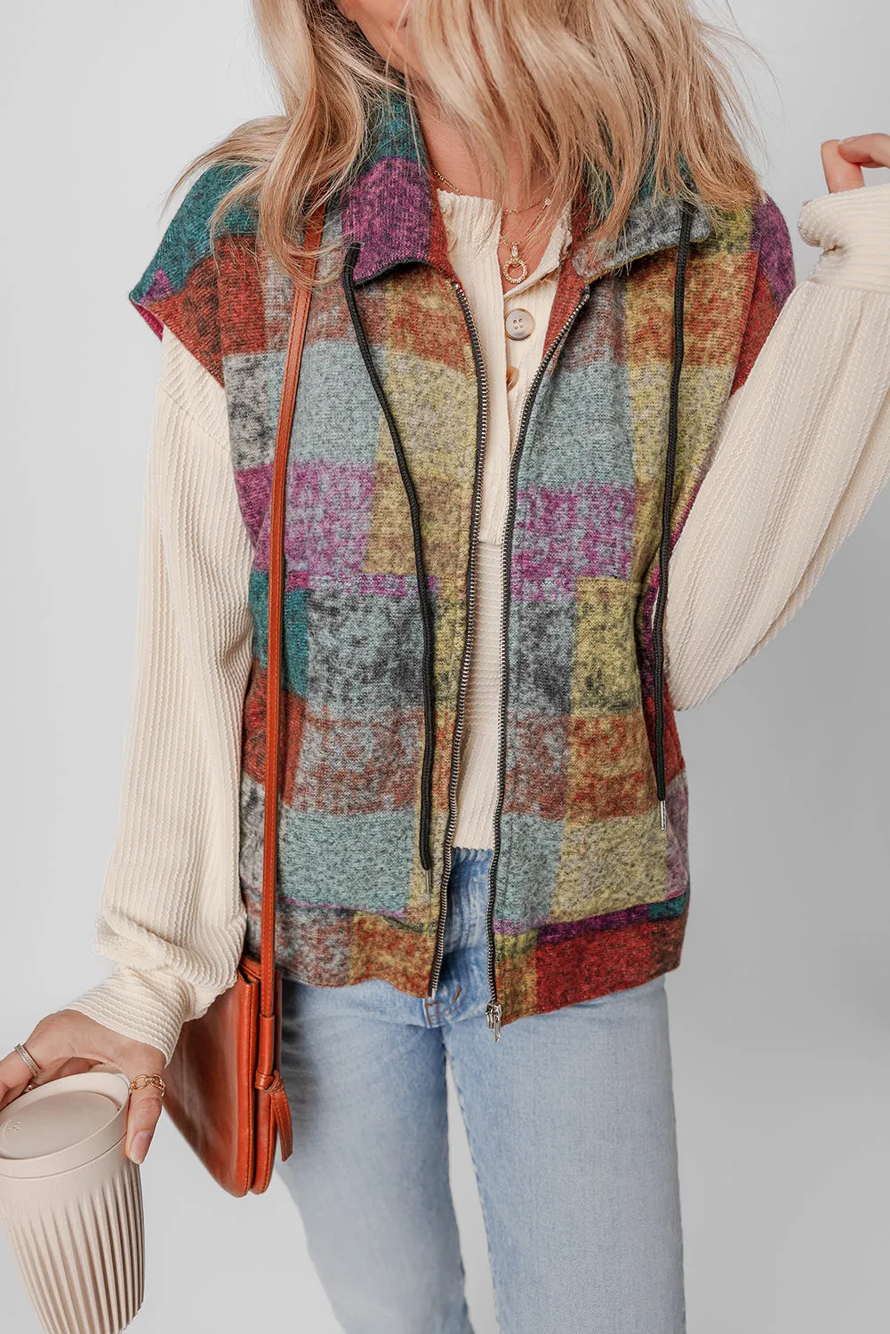 Multicolour Plaid Print Loose Sleeveless Jacket sold by Beagle Boutique product image thumbnail 5