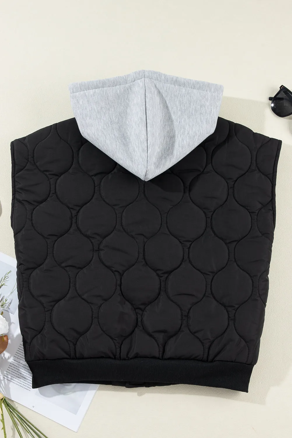 Black Quilted Drawstring Hooded Zip Up Puffer Vest sold by Beagle Boutique product image thumbnail 5