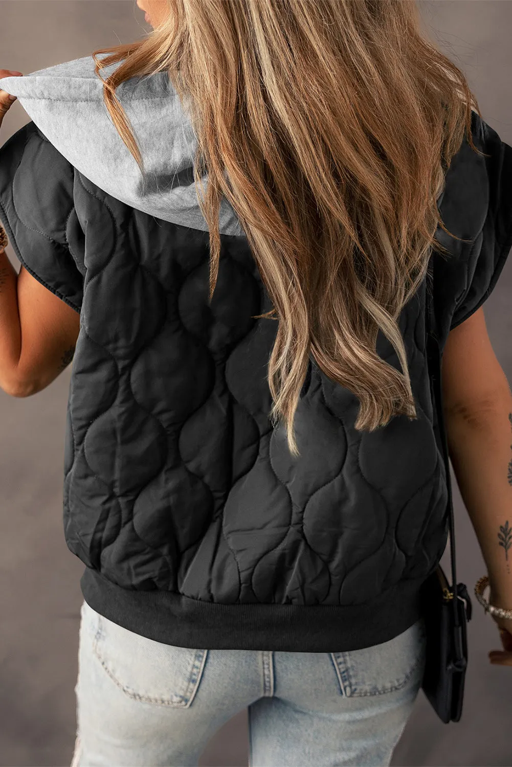 Black Quilted Drawstring Hooded Zip Up Puffer Vest sold by Beagle Boutique product image thumbnail 2