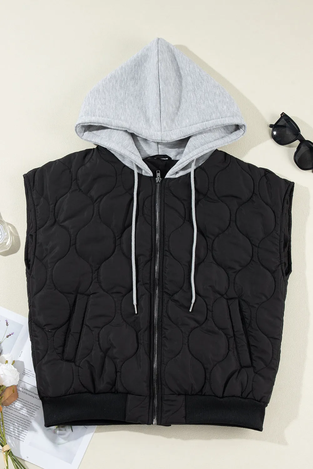 Black Quilted Drawstring Hooded Zip Up Puffer Vest sold by Beagle Boutique product image thumbnail 4
