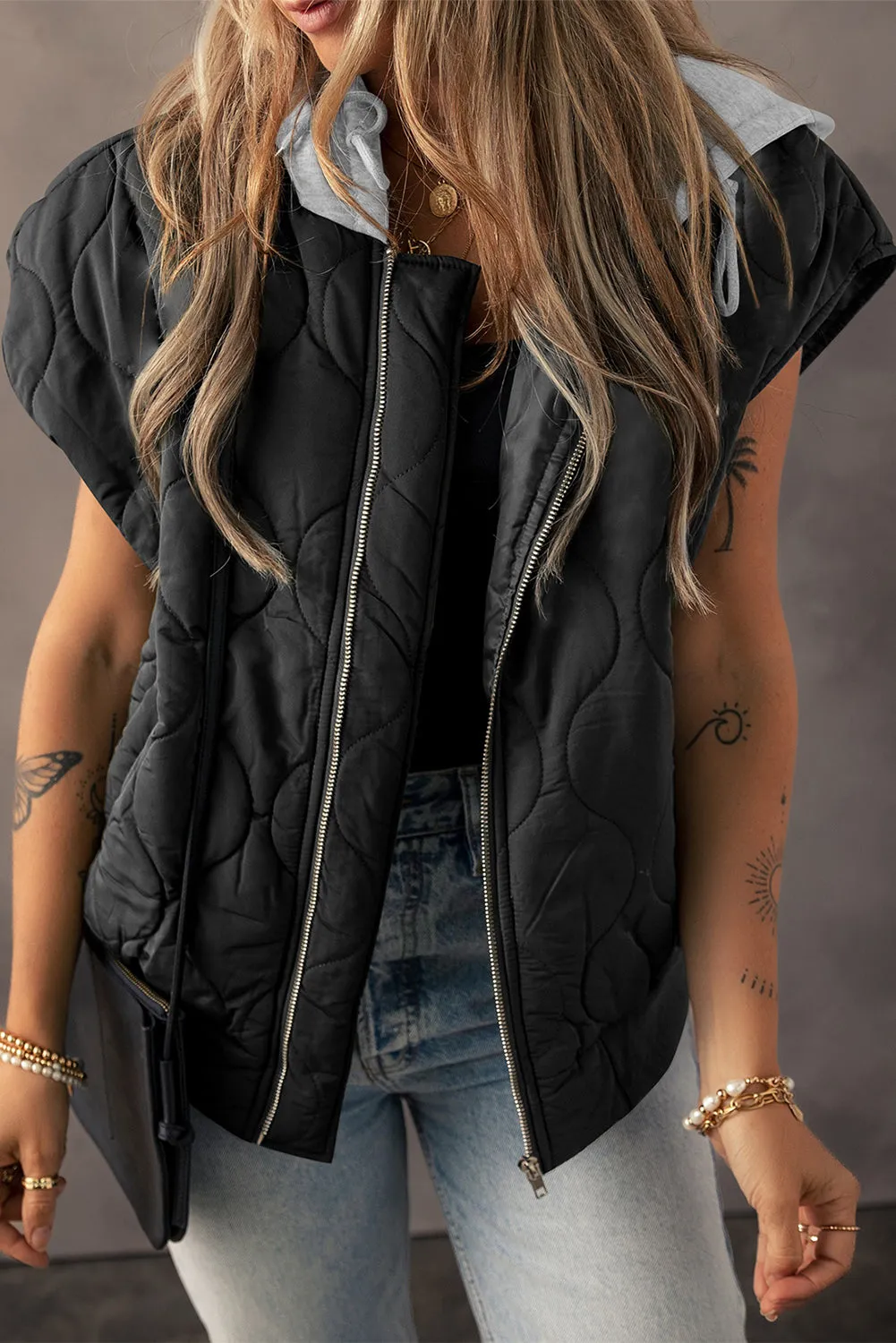 Black Quilted Drawstring Hooded Zip Up Puffer Vest sold by Beagle Boutique