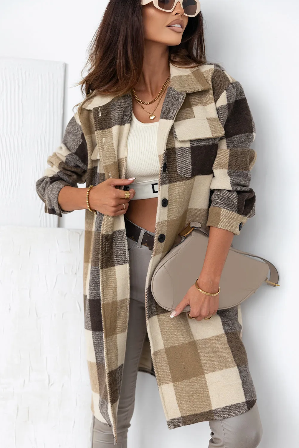 Khaki Plaid Button-Down Flap Pocket Long Shacket sold by Beagle Boutique