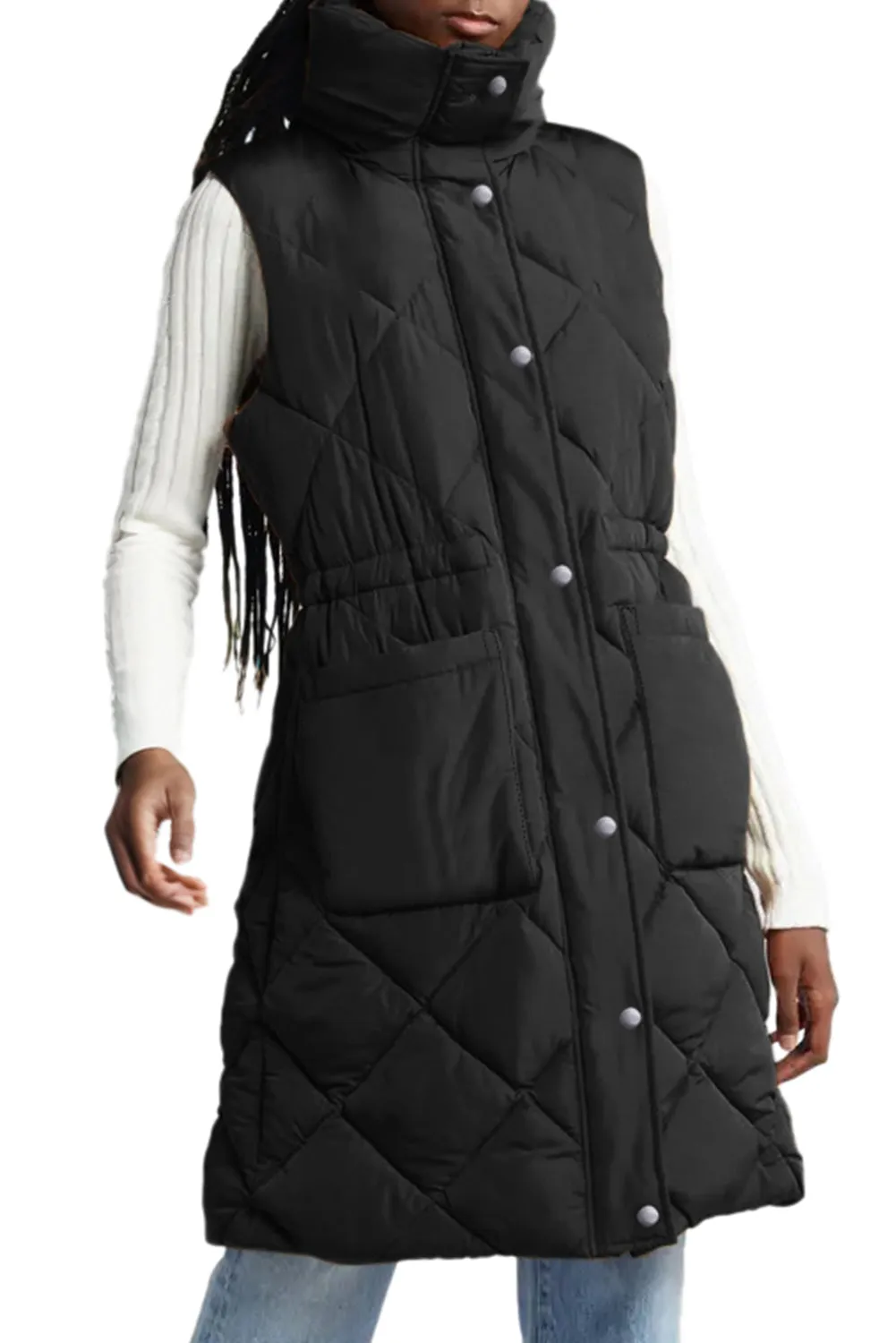 Black Longline Quilted Stand Collar Puffer Gilet sold by Beagle Boutique product image thumbnail 4