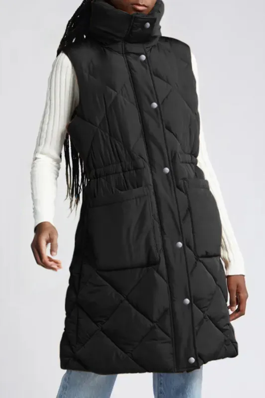 Black Longline Quilted Stand Collar Puffer Gilet sold by Beagle Boutique