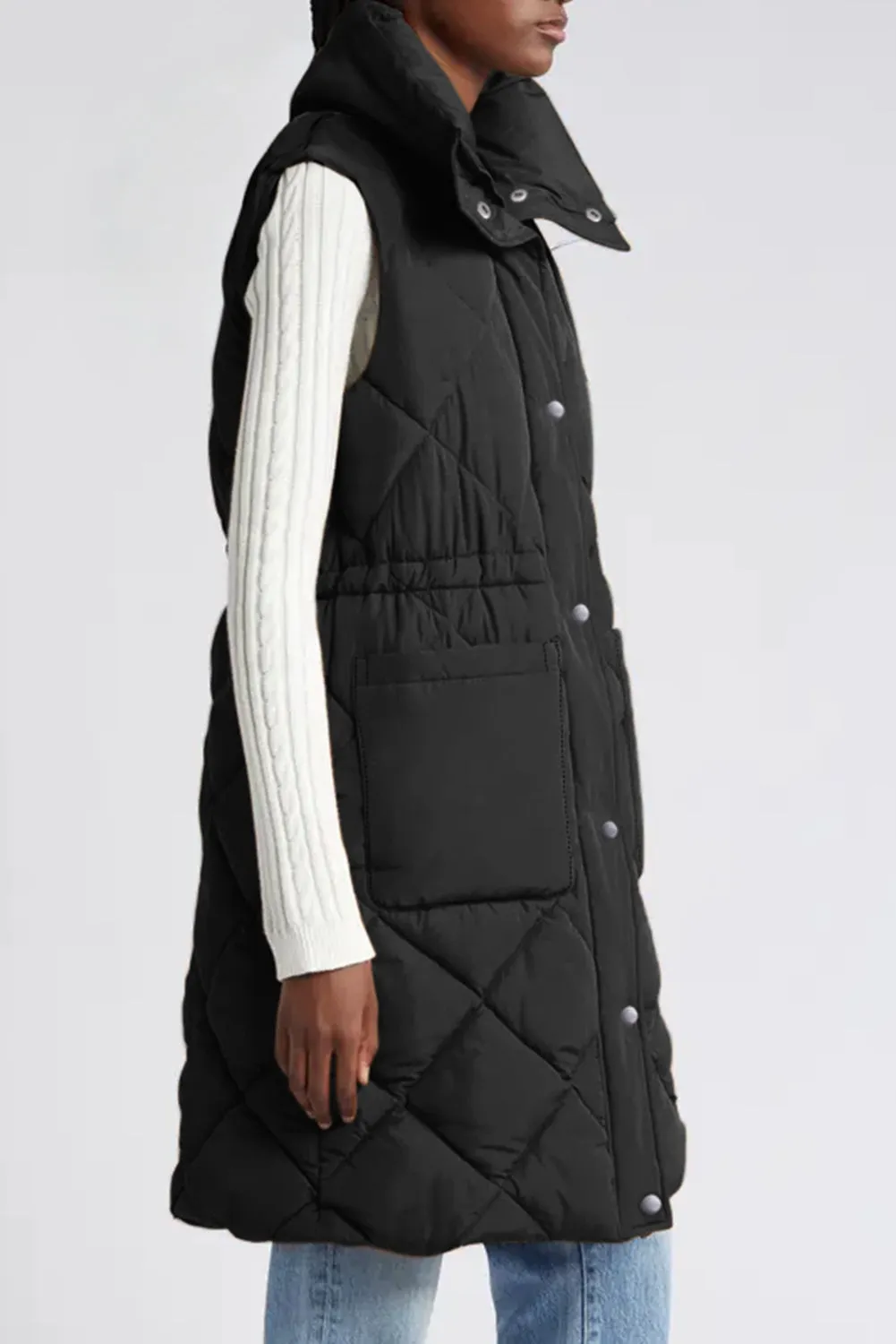 Black Longline Quilted Stand Collar Puffer Gilet sold by Beagle Boutique product image thumbnail 3