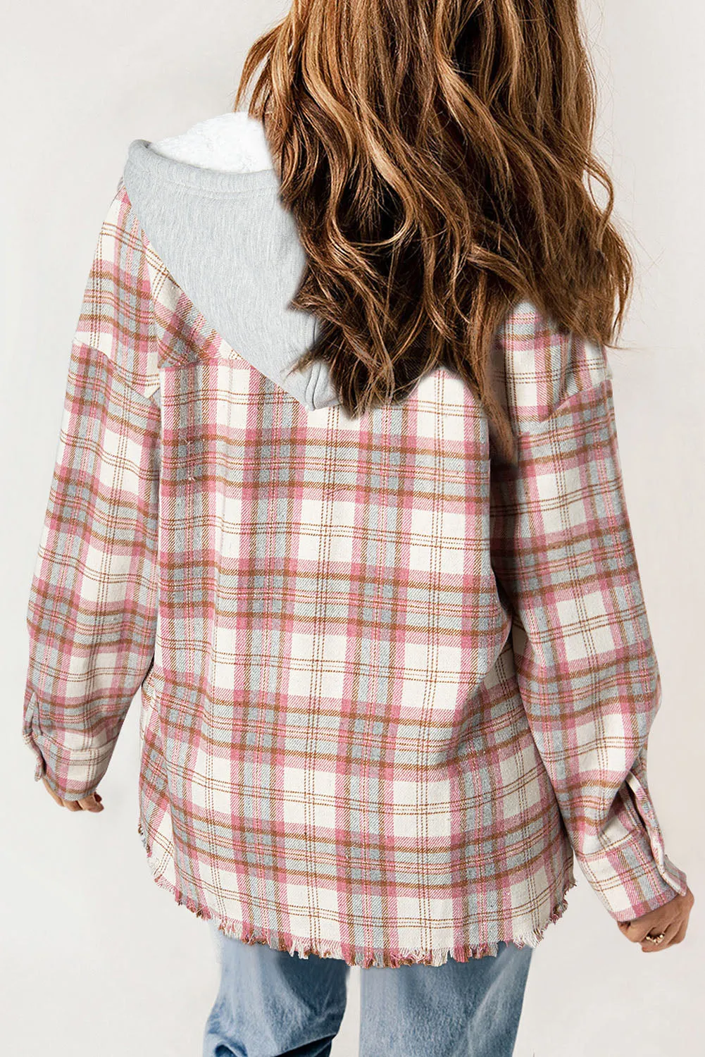 Multicolour Plaid Flap Pocket Hooded Raw Hem Jacket sold by Beagle Boutique product image thumbnail 2