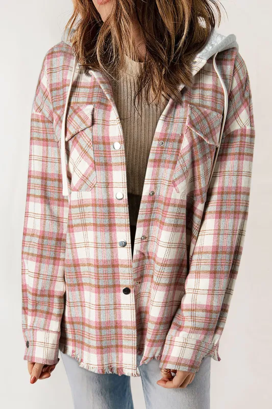 Multicolour Plaid Flap Pocket Hooded Raw Hem Jacket sold by Beagle Boutique