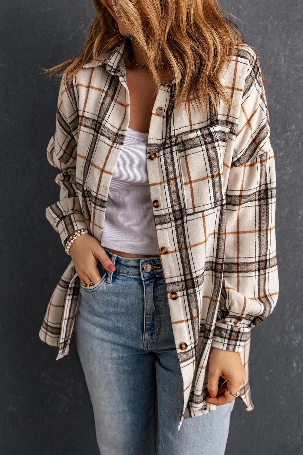 White Oversized Plaid Pattern Shacket with Slits sold by Beagle Boutique product image thumbnail 4