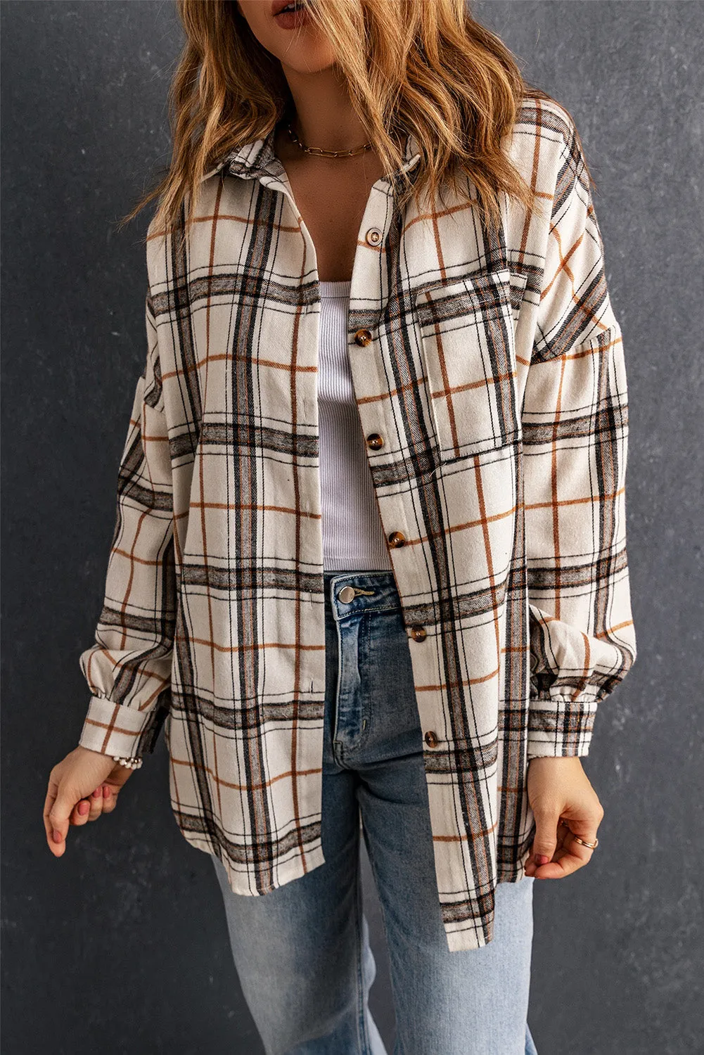 White Oversized Plaid Pattern Shacket with Slits sold by Beagle Boutique product image thumbnail 3