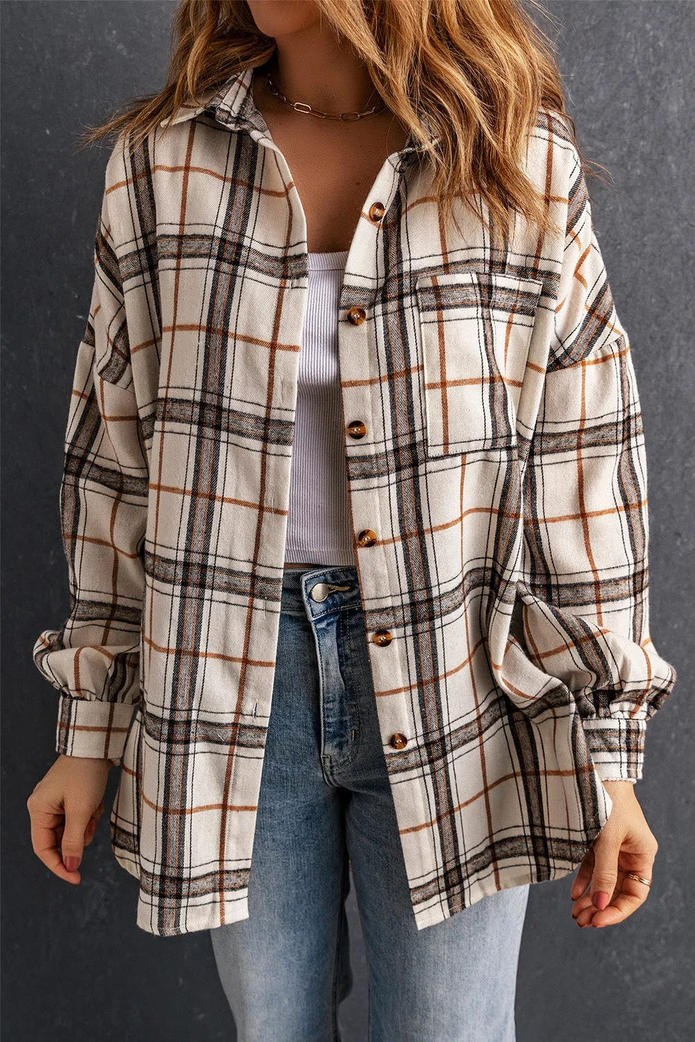White Oversized Plaid Pattern Shacket with Slits sold by Beagle Boutique product image thumbnail 5