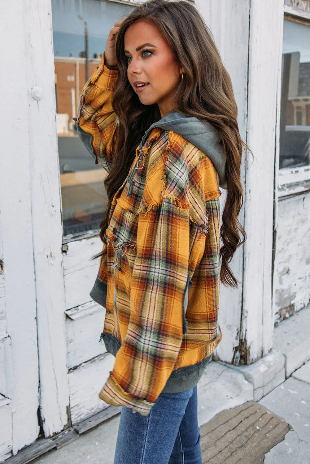 Orange Plaid Patch Hooded Frayed Snap Button Jacket sold by Beagle Boutique product image thumbnail 3