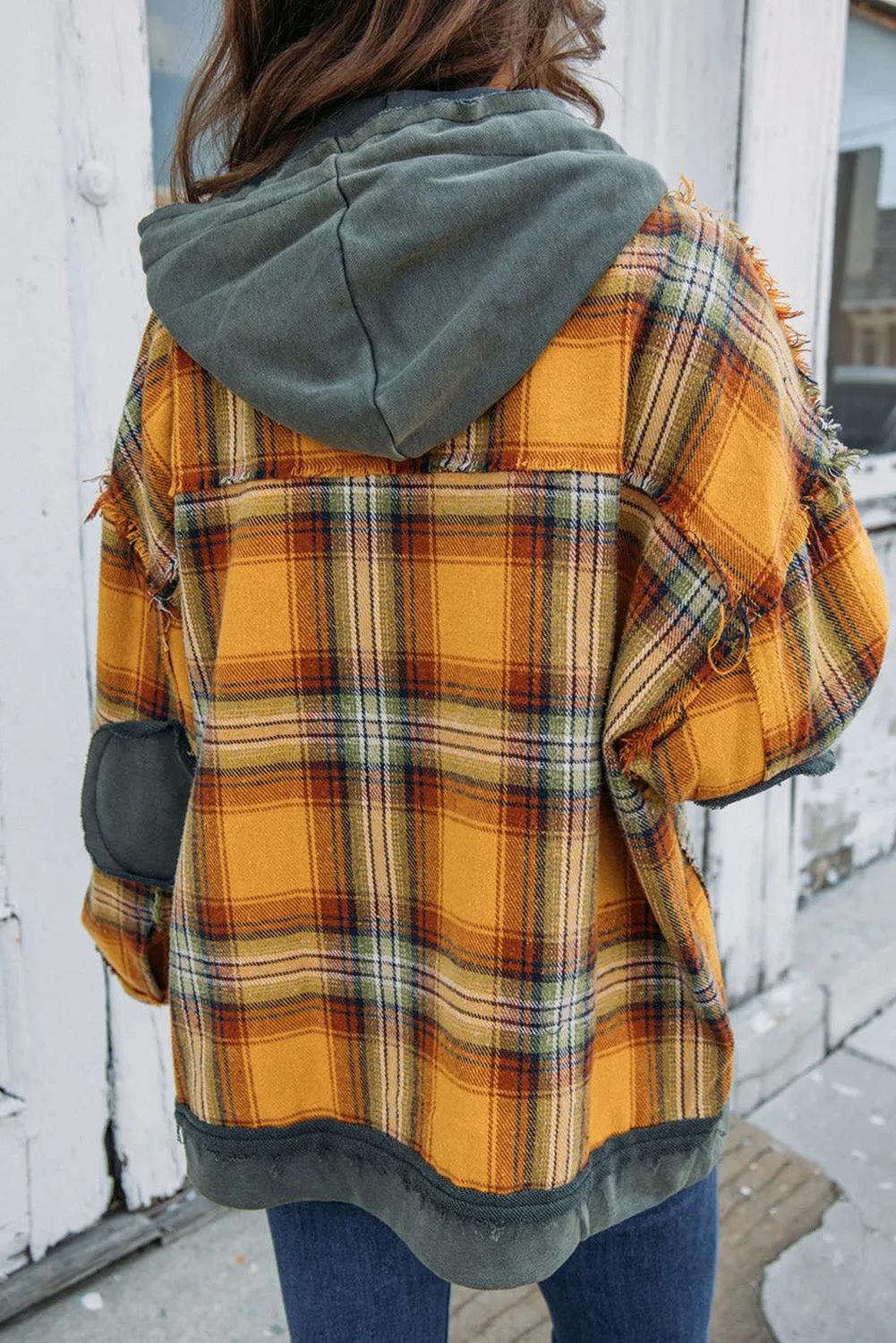 Orange Plaid Patch Hooded Frayed Snap Button Jacket sold by Beagle Boutique product image thumbnail 2
