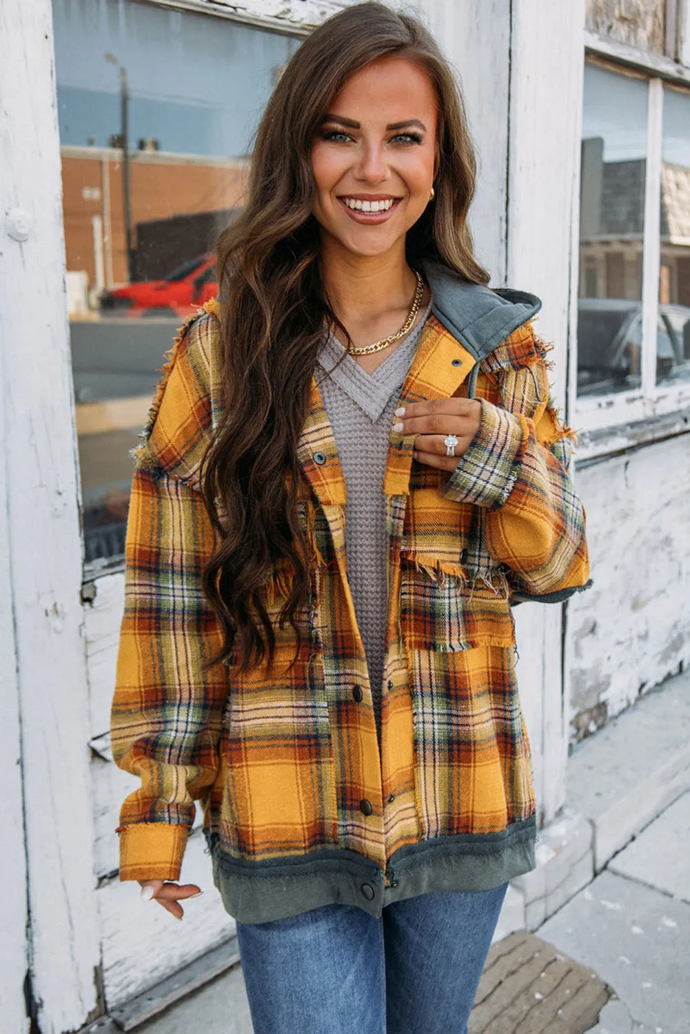 Orange Plaid Patch Hooded Frayed Snap Button Jacket sold by Beagle Boutique product image thumbnail 5