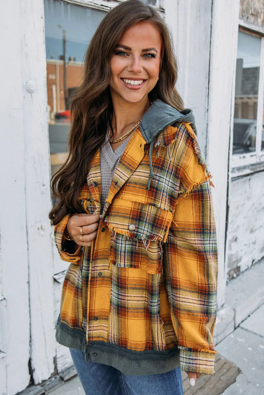 Orange Plaid Patch Hooded Frayed Snap Button Jacket sold by Beagle Boutique product image thumbnail 4