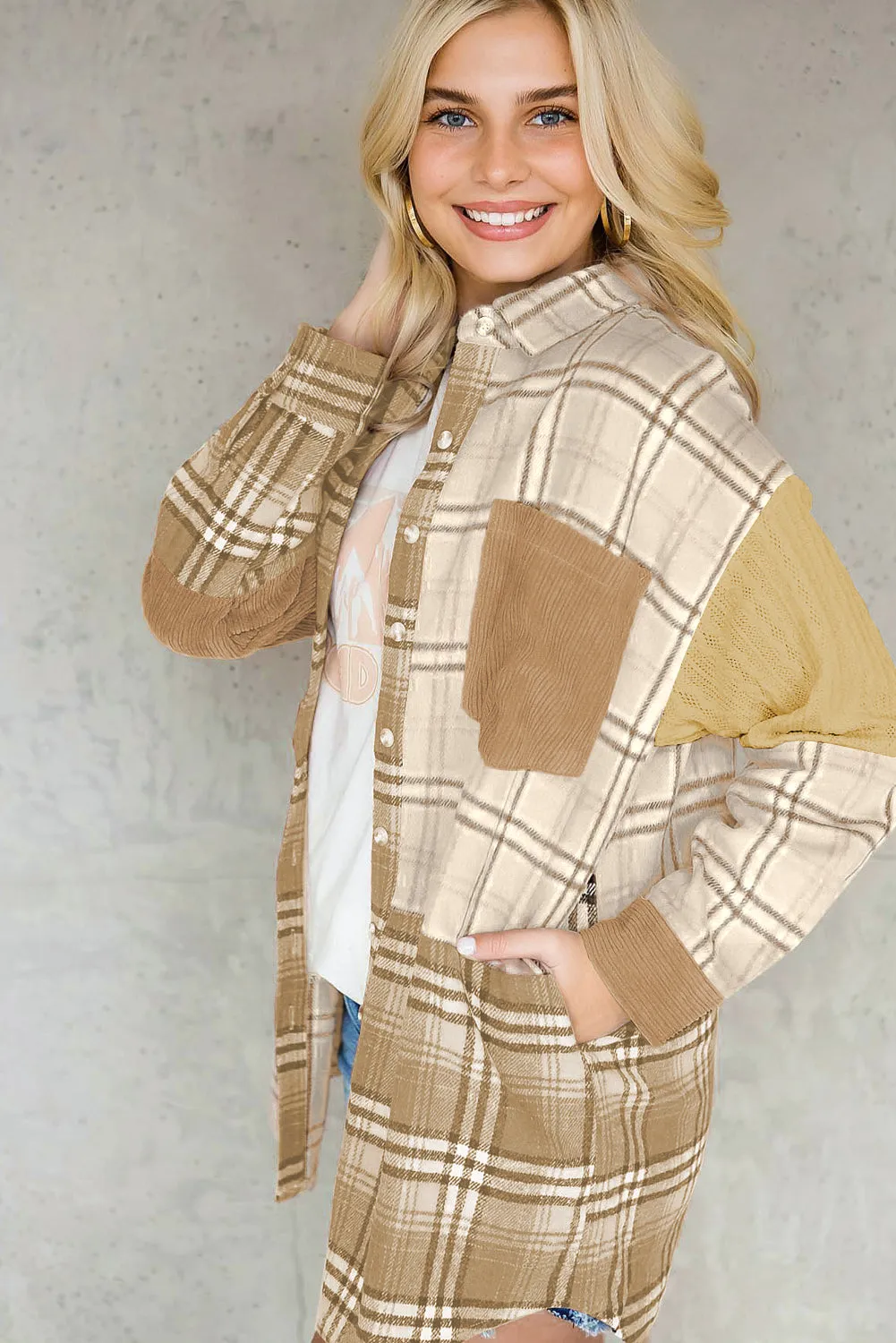 Khaki Plaid Colour Block Patchwork Shirt Jacket with Pocket sold by Beagle Boutique product image thumbnail 4