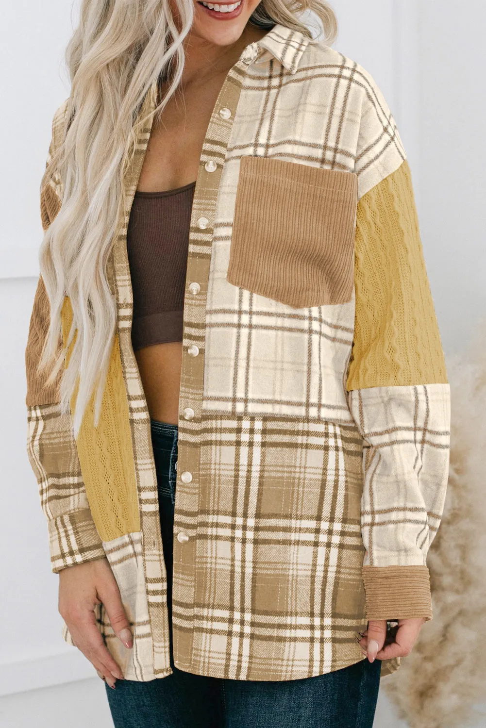 Khaki Plaid Colour Block Patchwork Shirt Jacket with Pocket sold by Beagle Boutique product image thumbnail 3