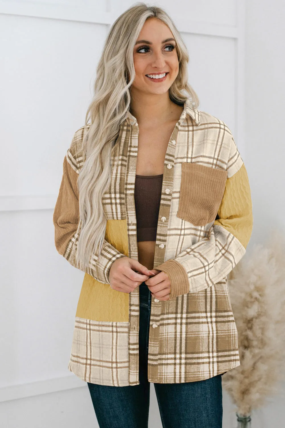 Khaki Plaid Colour Block Patchwork Shirt Jacket with Pocket sold by Beagle Boutique product image thumbnail 5