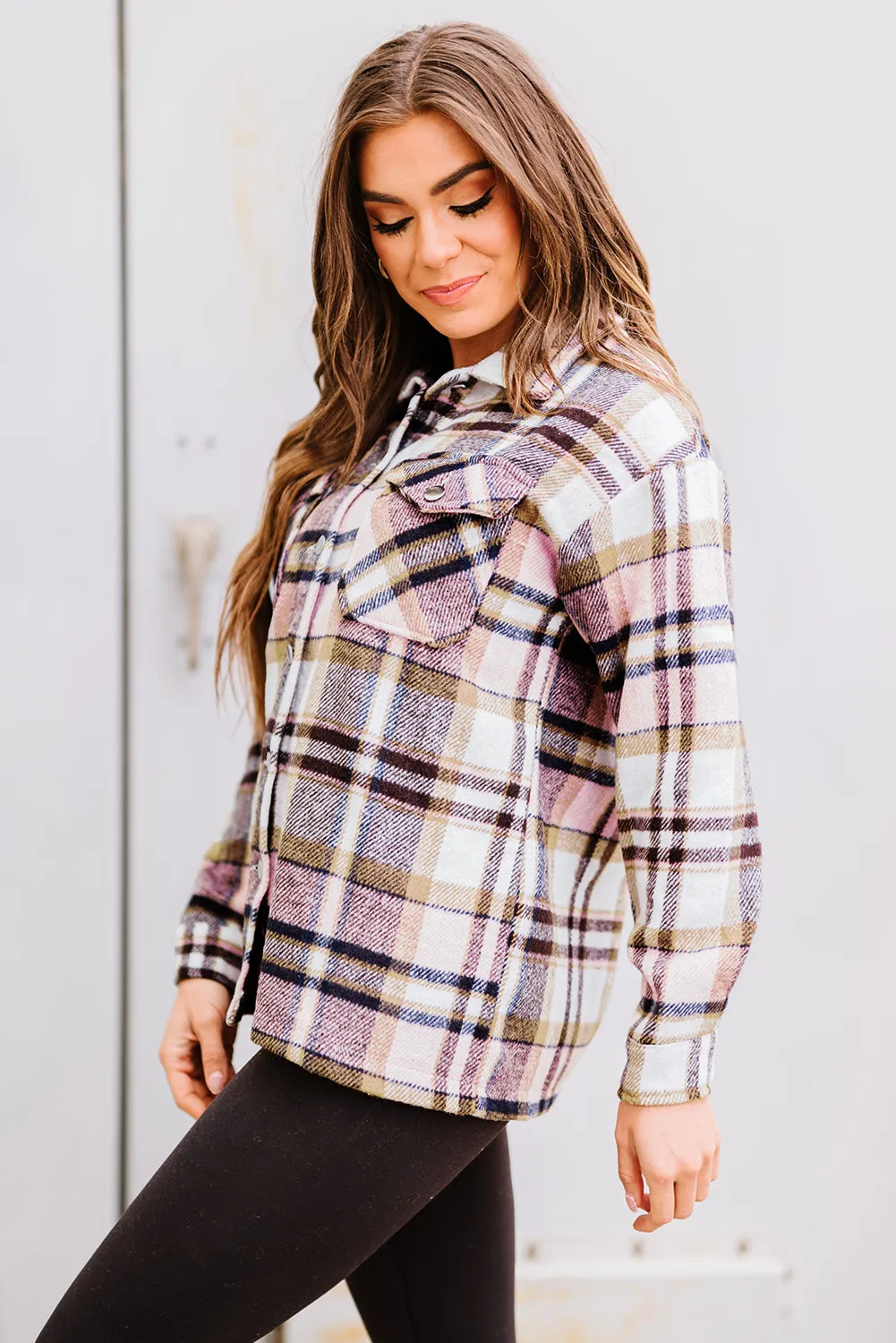 Pink Geometric Plaid Print Pocketed Shacket sold by Beagle Boutique product image thumbnail 3