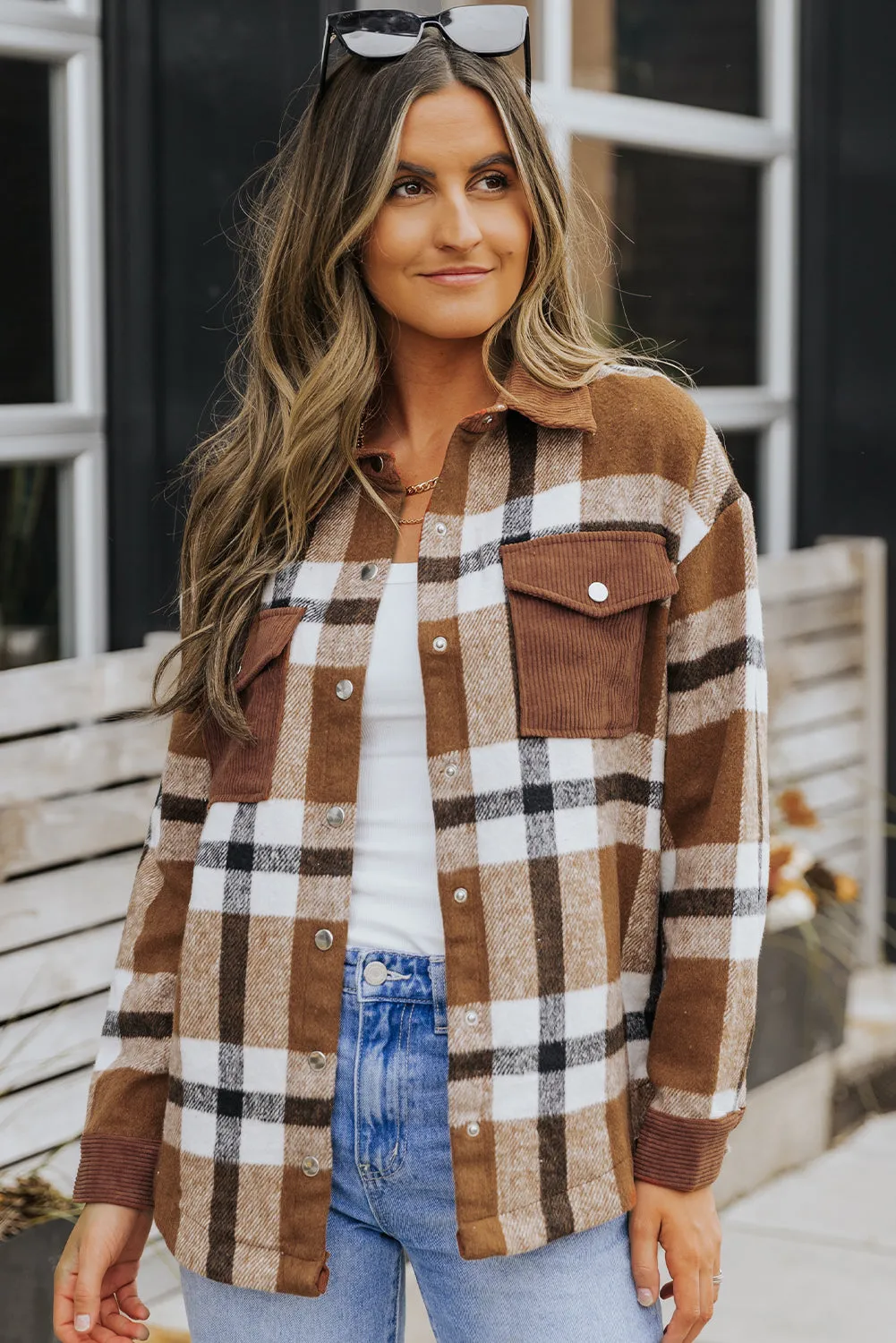 Brown Pocketed Buttoned Plaid Shirt Jacket sold by Beagle Boutique