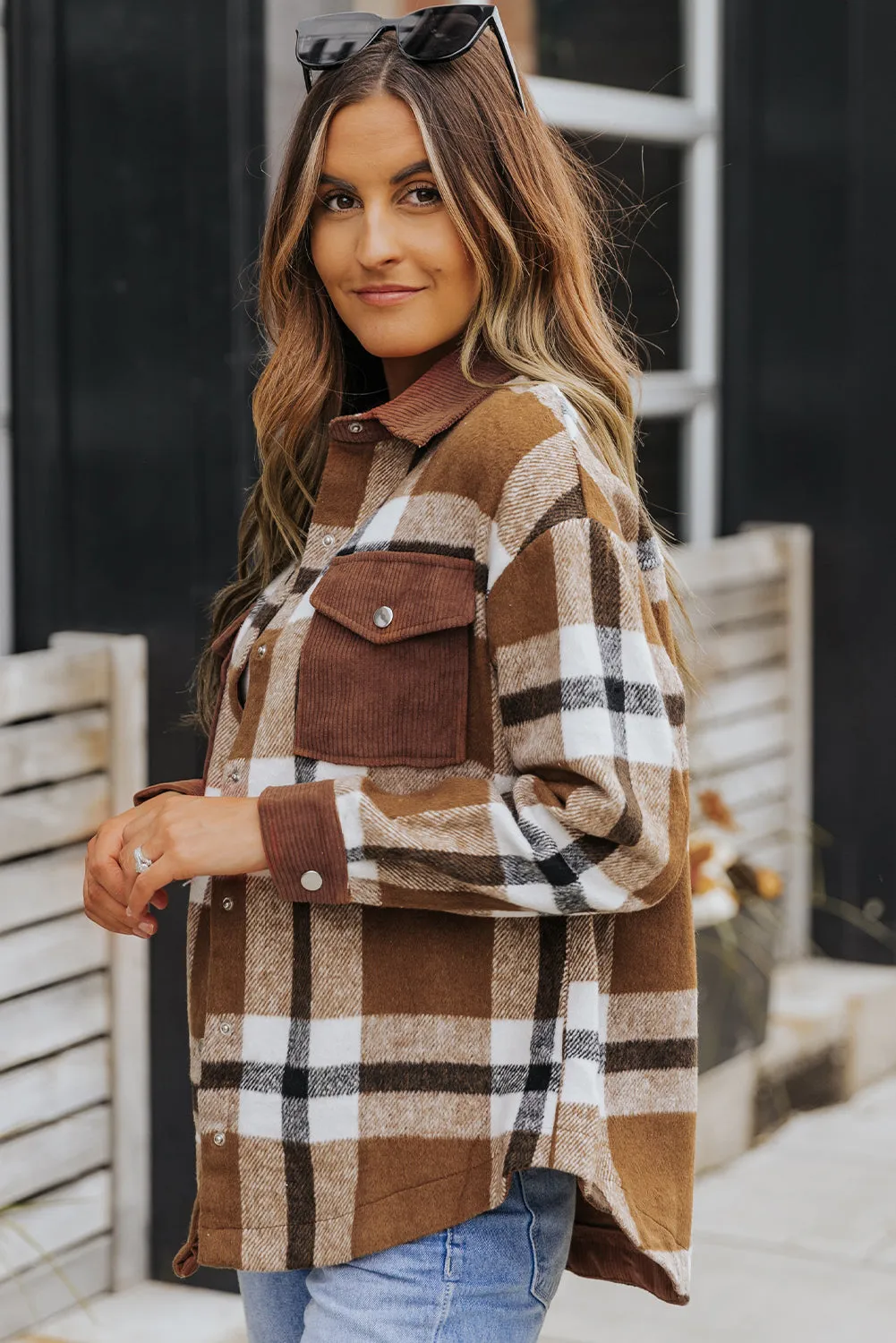 Brown Pocketed Buttoned Plaid Shirt Jacket sold by Beagle Boutique product image thumbnail 3