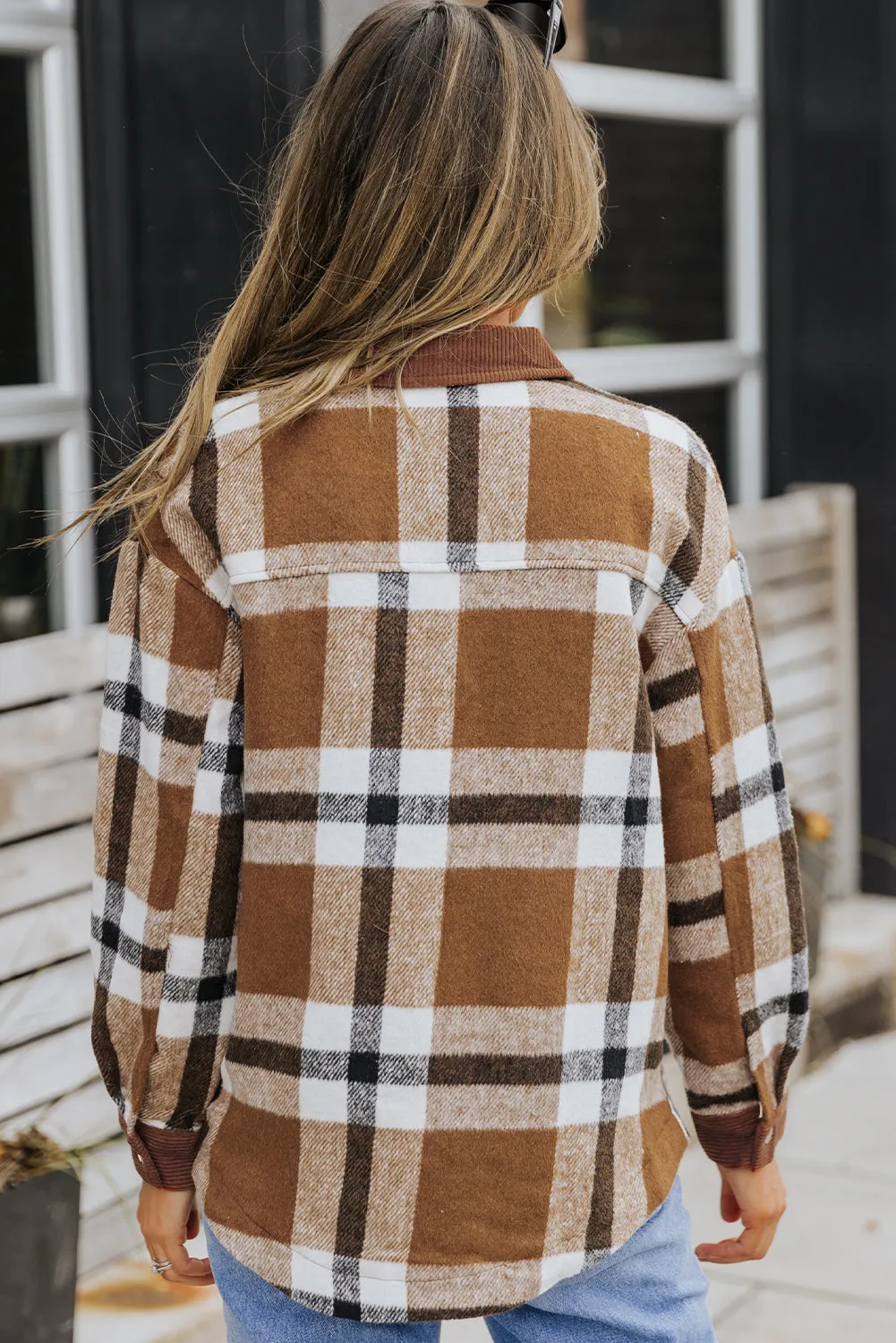 Brown Pocketed Buttoned Plaid Shirt Jacket sold by Beagle Boutique product image thumbnail 2