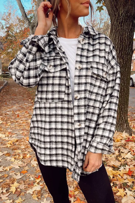 Black Plaid Print Chest Pockets Buttoned Tunic Shacket sold by Beagle Boutique