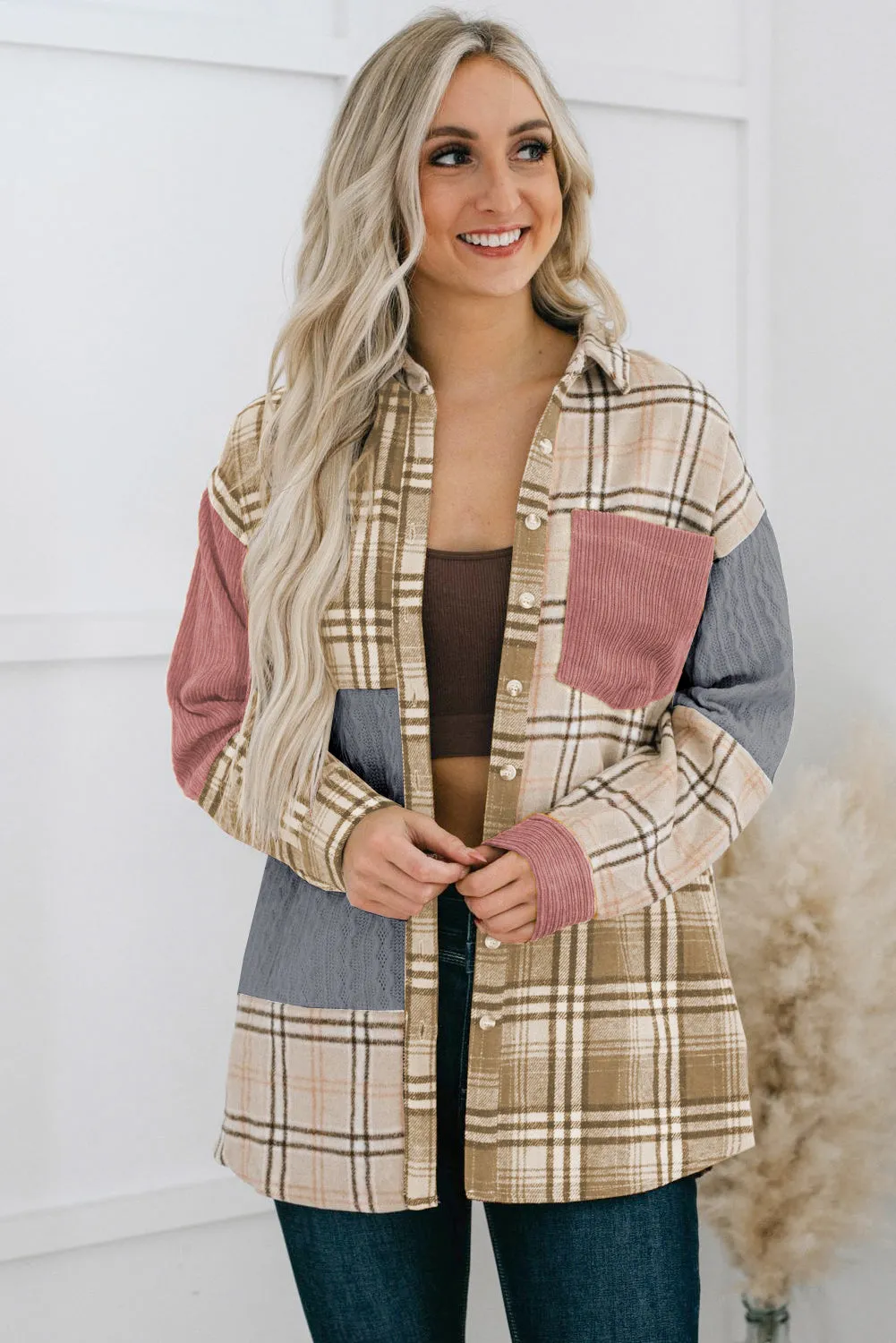 Pink Plaid Colour Block Patchwork Shirt Jacket with Pocket sold by Beagle Boutique product image thumbnail 5