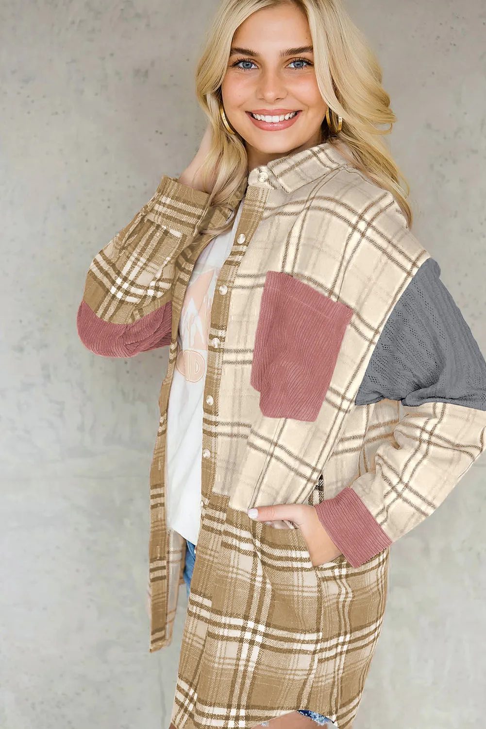 Pink Plaid Colour Block Patchwork Shirt Jacket with Pocket sold by Beagle Boutique product image thumbnail 4