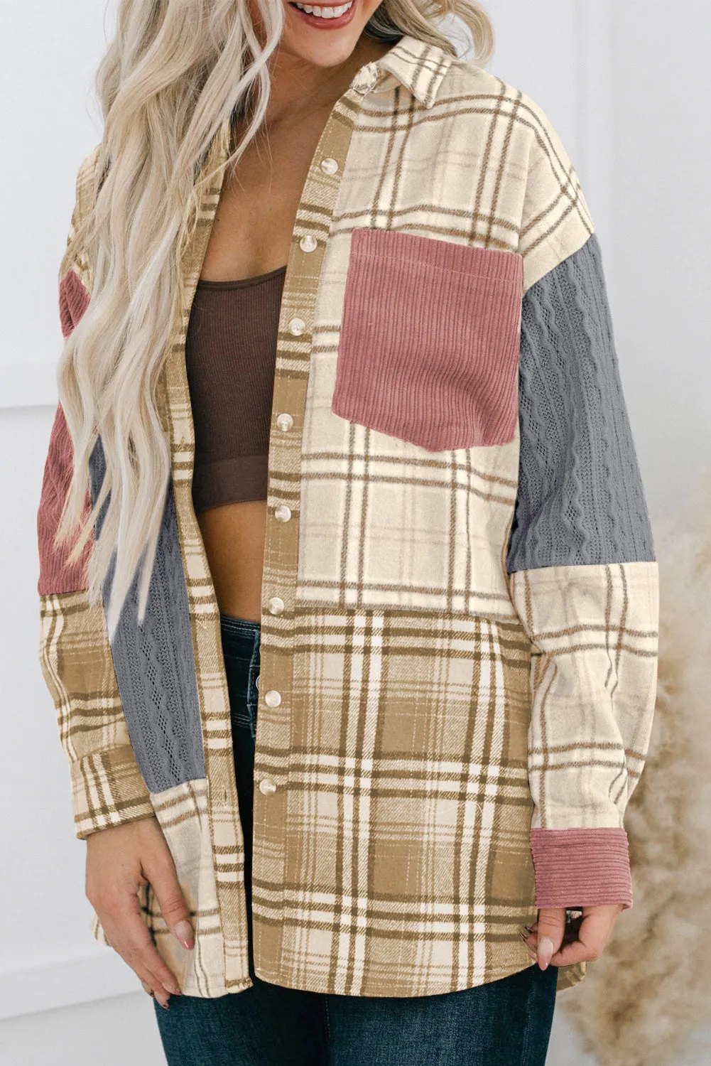 Pink Plaid Colour Block Patchwork Shirt Jacket with Pocket sold by Beagle Boutique product image thumbnail 3