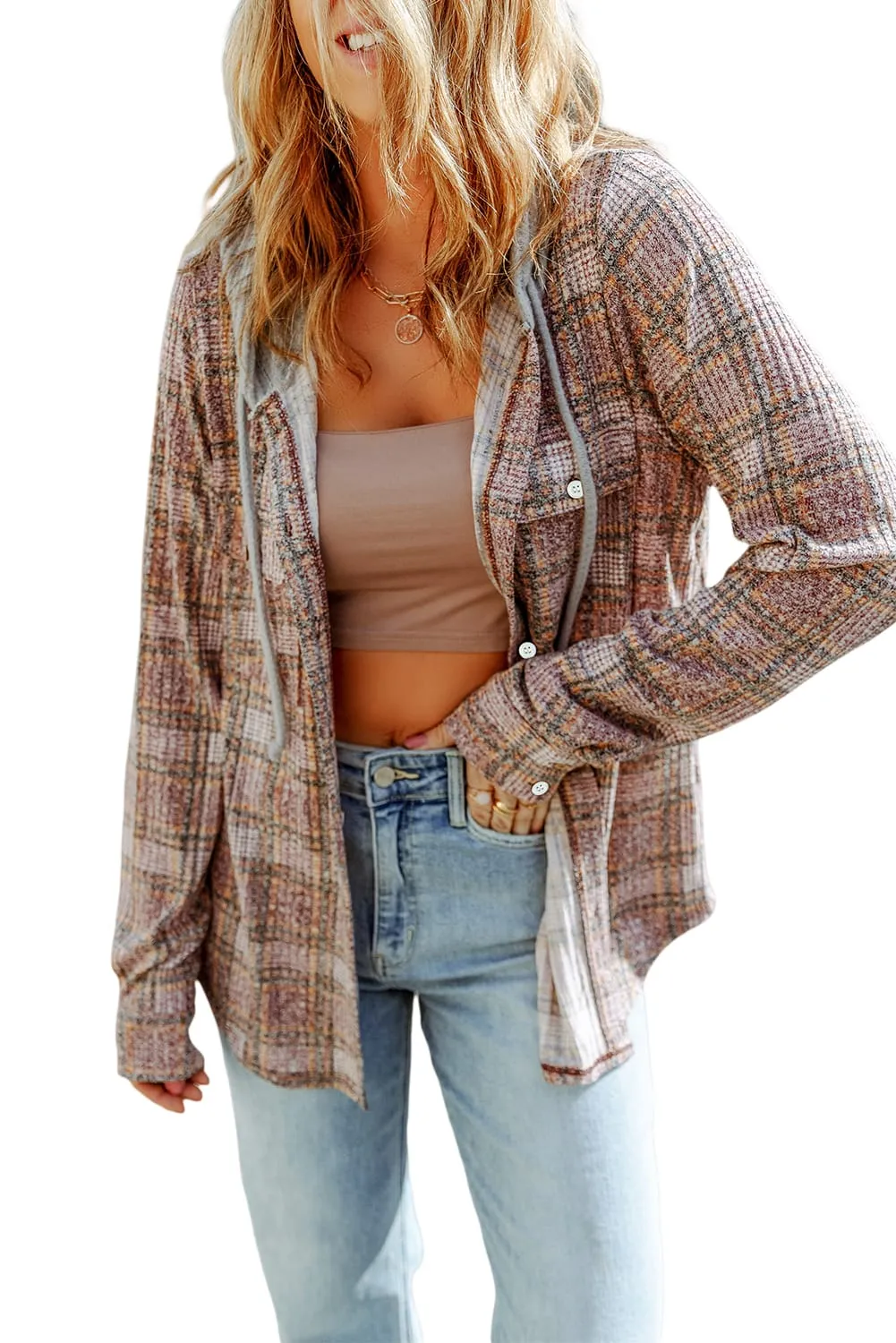 Purple Plaid Contrast Hooded Drawstring Shacket sold by Beagle Boutique product image thumbnail 5