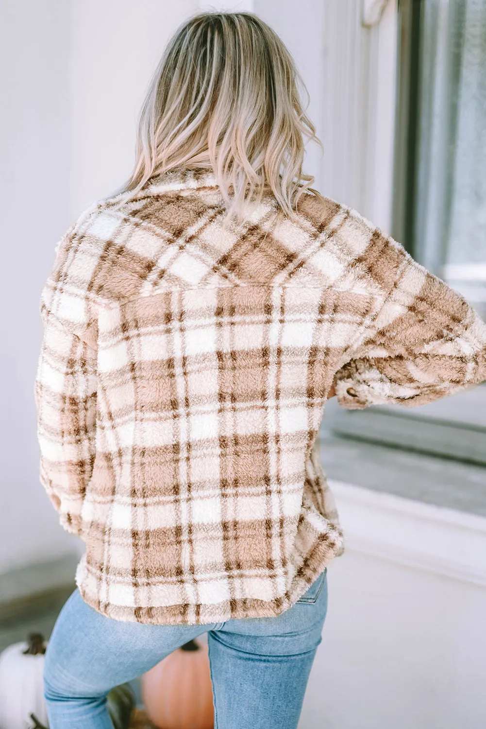 Khaki Sherpa Plaid Button Pocketed Jacket sold by Beagle Boutique product image thumbnail 2