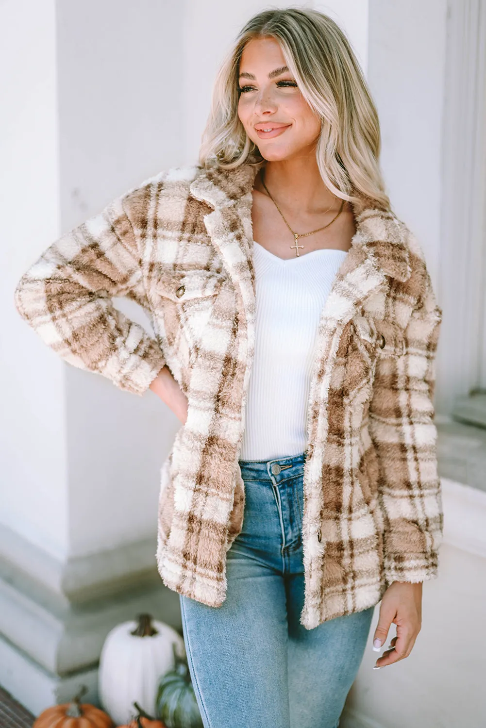 Khaki Sherpa Plaid Button Pocketed Jacket sold by Beagle Boutique product image thumbnail 5