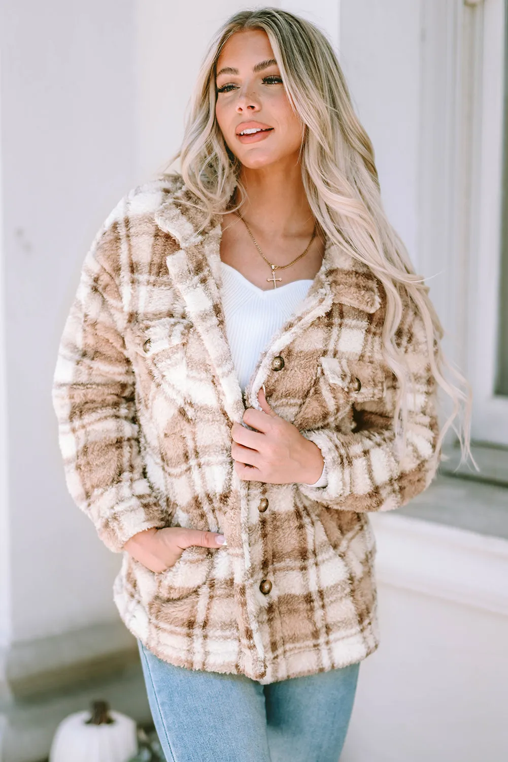 Khaki Sherpa Plaid Button Pocketed Jacket sold by Beagle Boutique