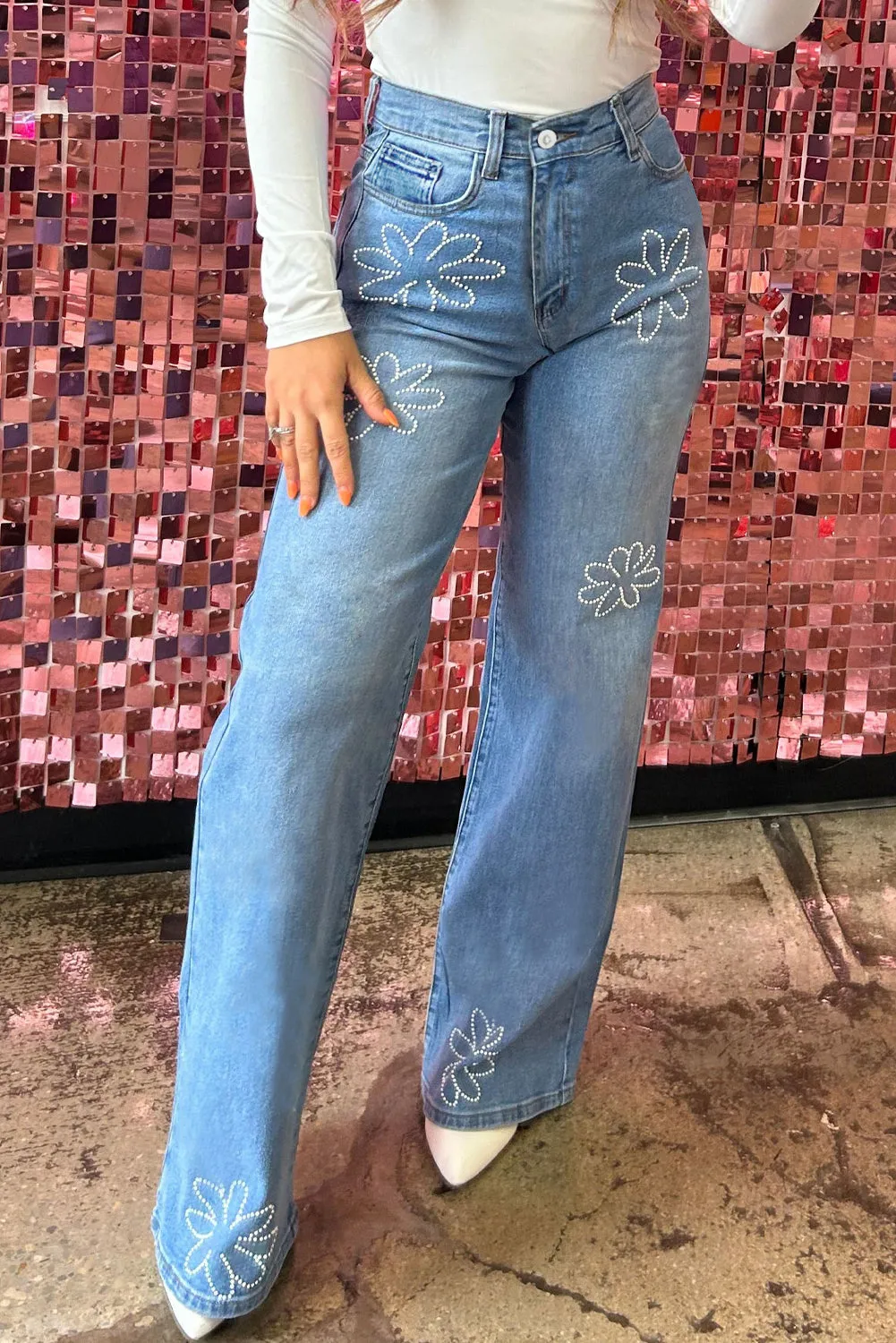 Light Blue Floral Rhinestone Decor High Rise Wide Leg Jeans sold by Beagle Boutique