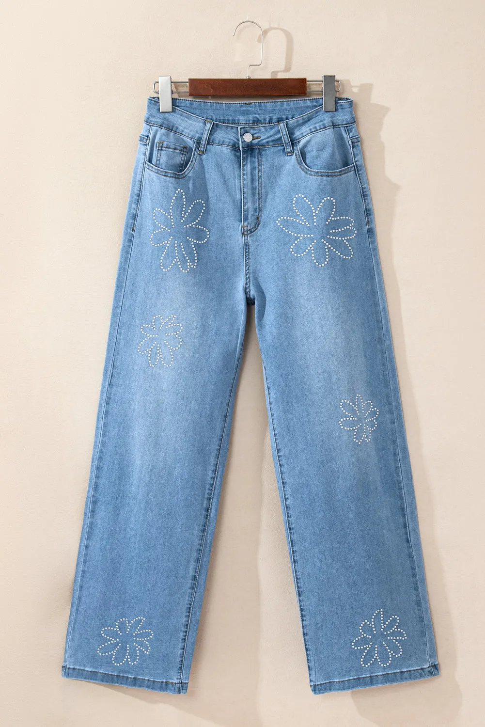 Light Blue Floral Rhinestone Decor High Rise Wide Leg Jeans sold by Beagle Boutique product image thumbnail 4